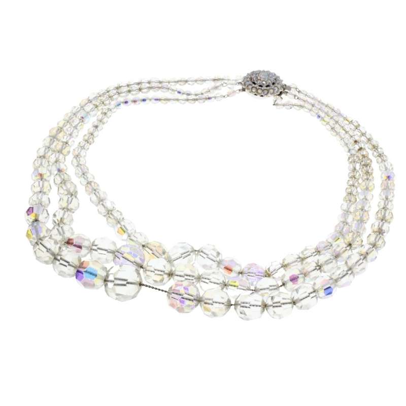 Necklace - Silver Tone Crystal 3 Strand Graduated Necklace. Beautiful large Crystal Clasp. - ML3317