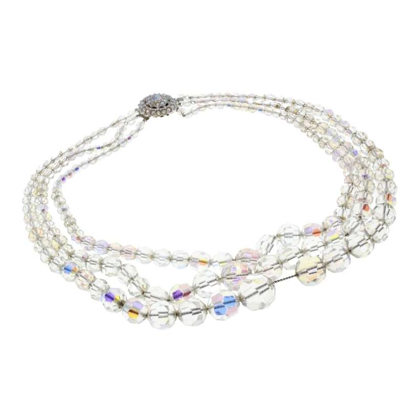 Necklace - Silver Tone Crystal 3 Strand Graduated Necklace. Beautiful large Crystal Clasp. - ML3317