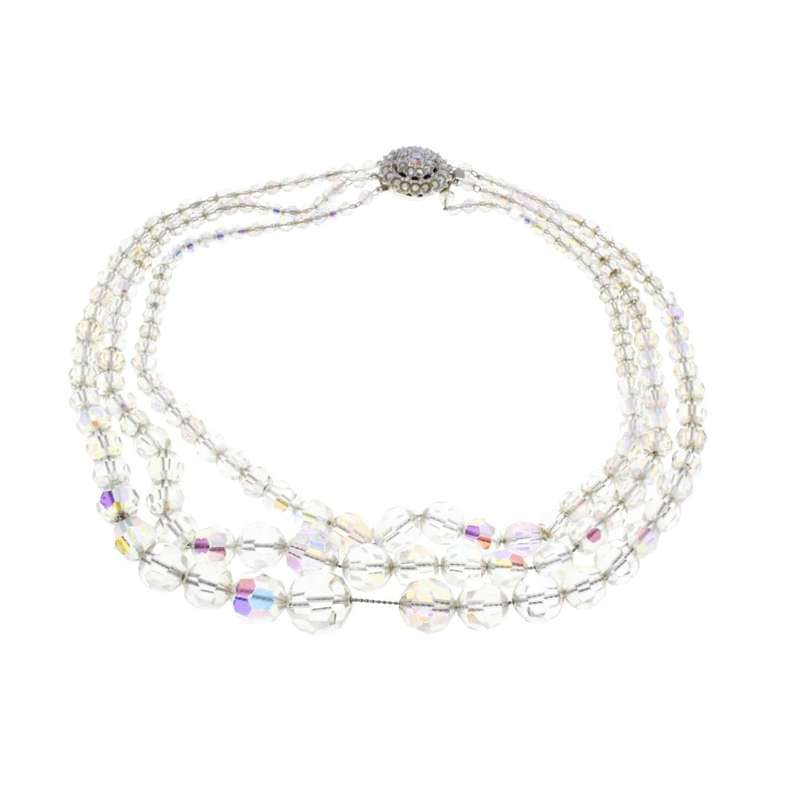 Necklace - Silver Tone Crystal 3 Strand Graduated Necklace. Beautiful large Crystal Clasp. - ML3317