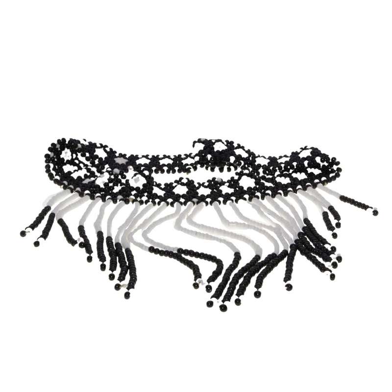 Necklace - Xhoxa Beaded Necklace. Black & White Beads. Long Tassels in centre - ML3327