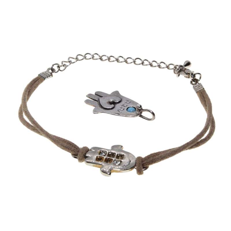 Judaica - Silver Tone. Hamsa Bracelet, Rhinestones. Hamsa Pendant Turquoise Stone. - ML3335