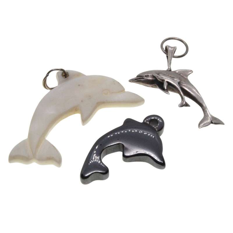 Charms - Dolphin Charms.- Mother of Pearl, Hematite,  Silver Tone Mom and Baby - ML3336