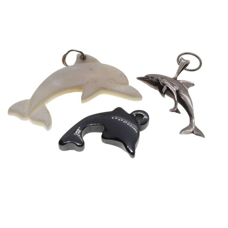 Charms - Dolphin Charms.- Mother of Pearl, Hematite,  Silver Tone Mom and Baby - ML3336