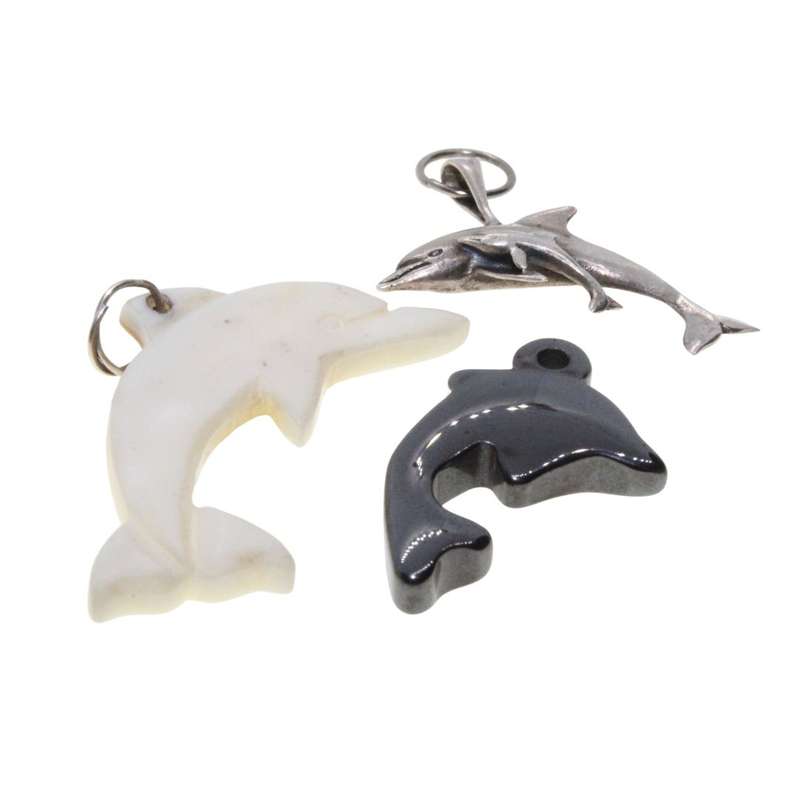 Charms - Dolphin Charms.- Mother of Pearl, Hematite,  Silver Tone Mom and Baby - ML3336