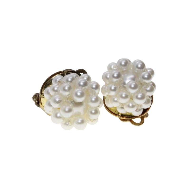 Earrings - Gold Tone Vintage Faux Pearl Cluster Earrings. Clip Ons - ML3339