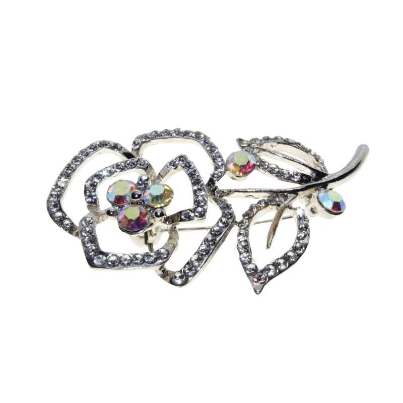 Brooch - Silver Tone Beautiful Rose Shape Surrounded by Diamantes. 5 Clear Pink Rhinestones - ML3340