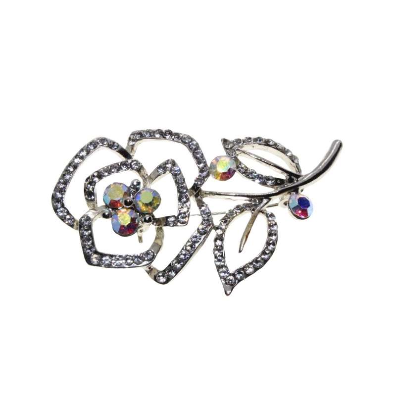 Brooch - Silver Tone Beautiful Rose Shape Surrounded by Diamantes. 5 Clear Pink Rhinestones - ML3340