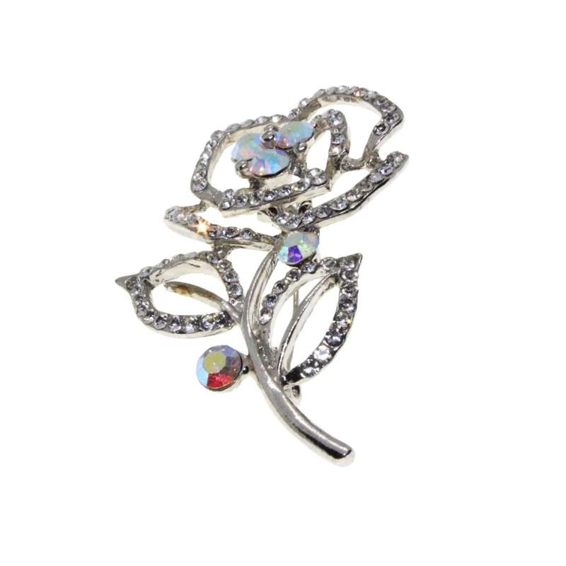 Brooch - Silver Tone Beautiful Rose Shape Surrounded by Diamantes. 5 Clear Pink Rhinestones - ML3340