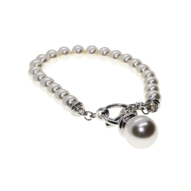Bracelet - Silver Tone Vintage Faux Pearl Bracelet. T-Bar Clasp - ML3343
