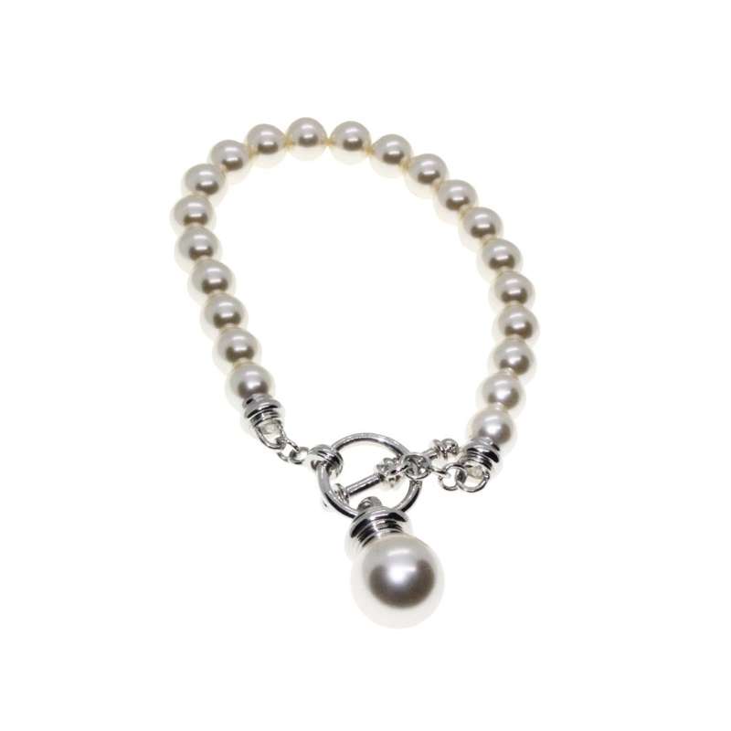 Bracelet - Silver Tone Vintage Faux Pearl Bracelet. T-Bar Clasp - ML3343
