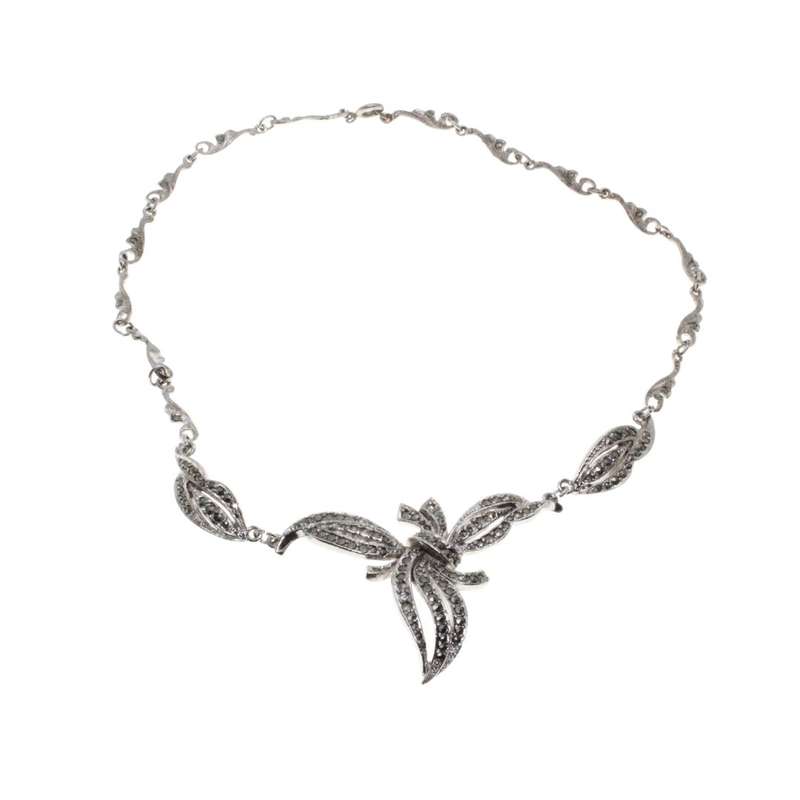 Necklace - Silver Tone Vintage Marcasite Choker Necklace. Large Leaf - ML3345