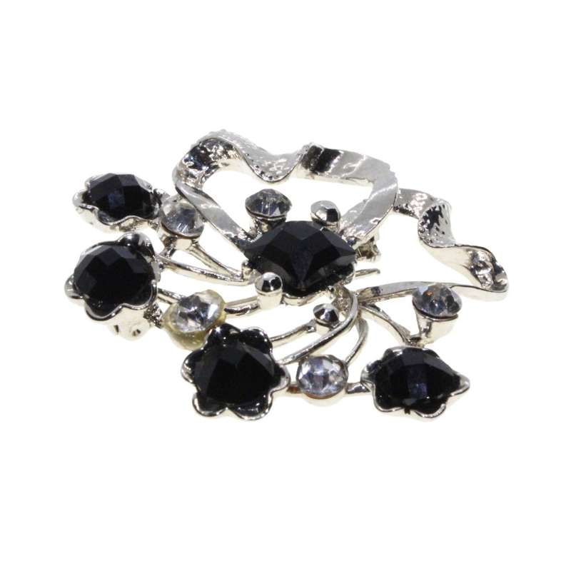 Brooch - Silver Tone Delicate Flower Brooch. 5 Black Rhinestones. 5 Clear Diamantes - ML3346