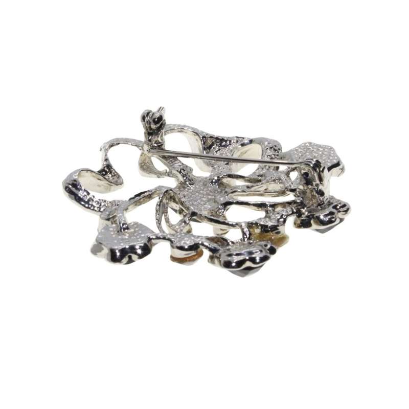 Brooch - Silver Tone Delicate Flower Brooch. 5 Black Rhinestones. 5 Clear Diamantes - ML3346