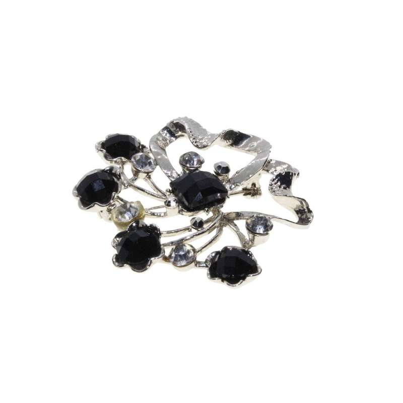 Brooch - Silver Tone Delicate Flower Brooch. 5 Black Rhinestones. 5 Clear Diamantes - ML3346