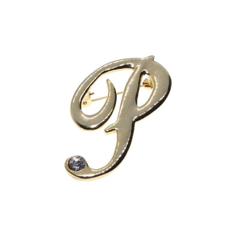 Brooch - Gold Tone Cursive Designed "P" with a Diamante at the bottom - ML3347