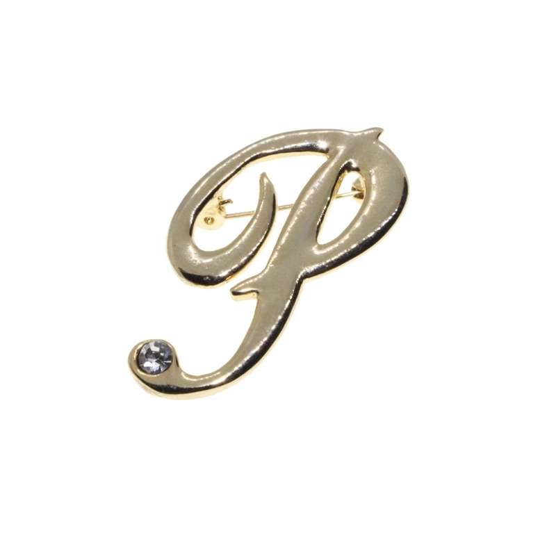 Brooch - Gold Tone Cursive Designed "P" with a Diamante at the bottom - ML3347