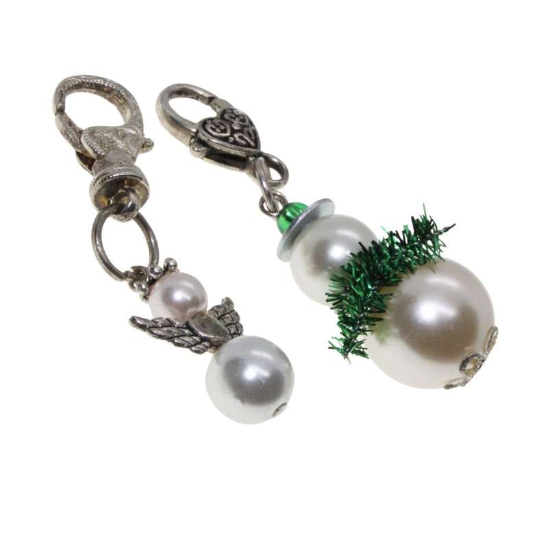 Keyring - 2 x Silver Tone Keyrings. Angel & Snowman with Green Tinsel - ML3359