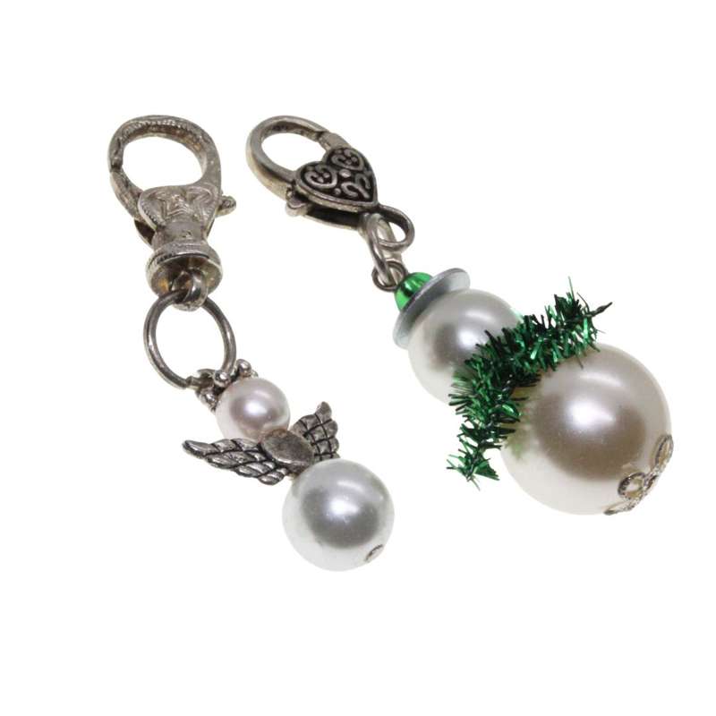 Keyring - 2 x Silver Tone Keyrings. Angel & Snowman with Green Tinsel - ML3359