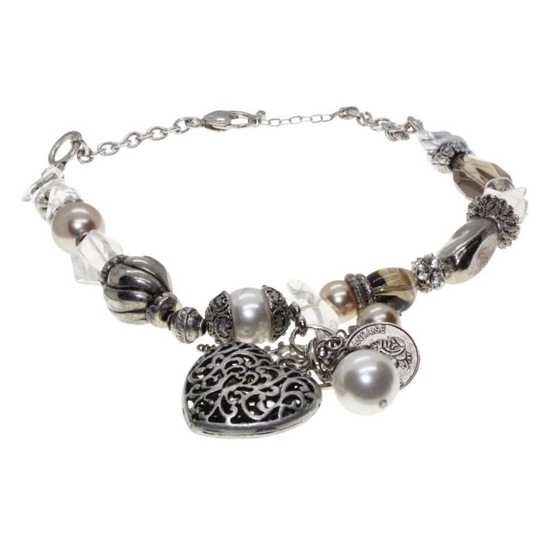 Necklace - Silver Tone Chunky Necklace. Assorted Beads, Rhinestones & Large Heart Pendant - ML3361