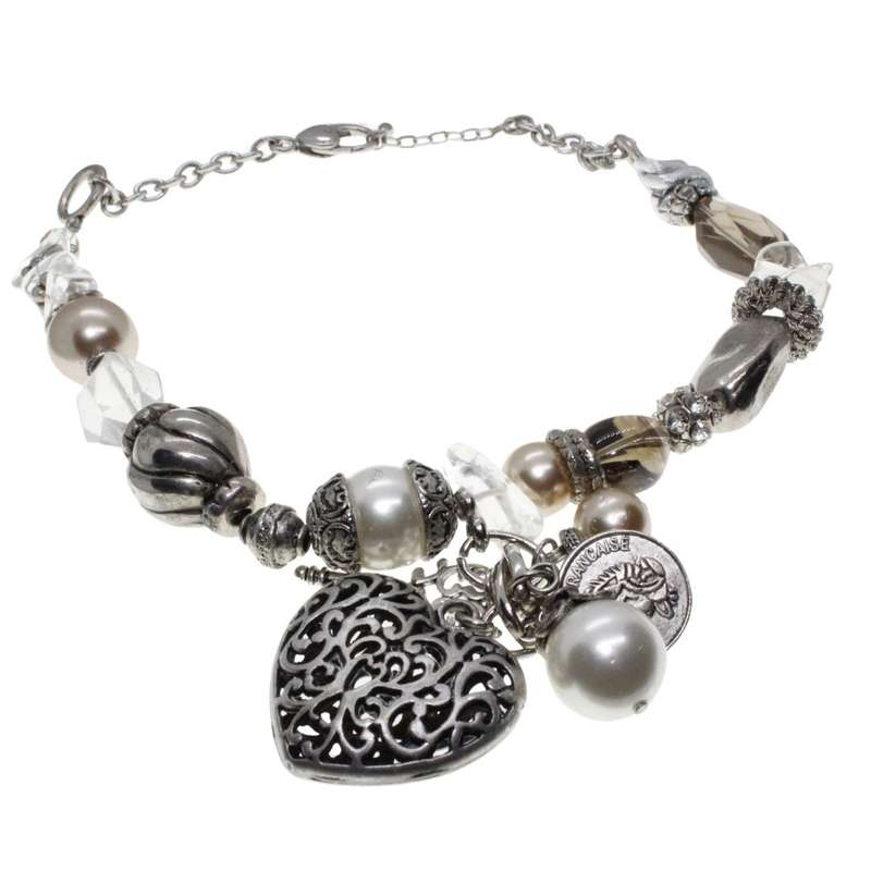 Necklace - Silver Tone Chunky Necklace. Assorted Beads, Rhinestones & Large Heart Pendant - ML3361