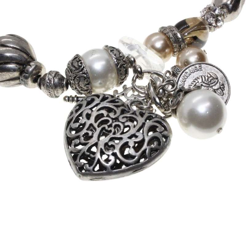 Necklace - Silver Tone Chunky Necklace. Assorted Beads, Rhinestones & Large Heart Pendant - ML3361