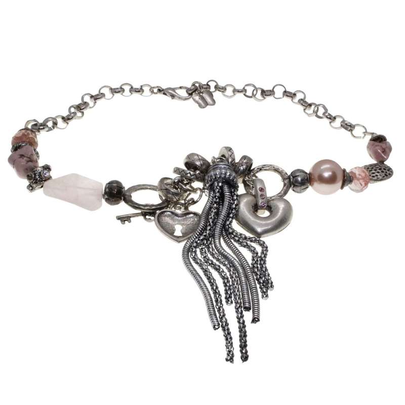 Necklace - Silver Tone Chunky Necklace. Assorted Beads, Crystals & Tassels Pendant - ML3362