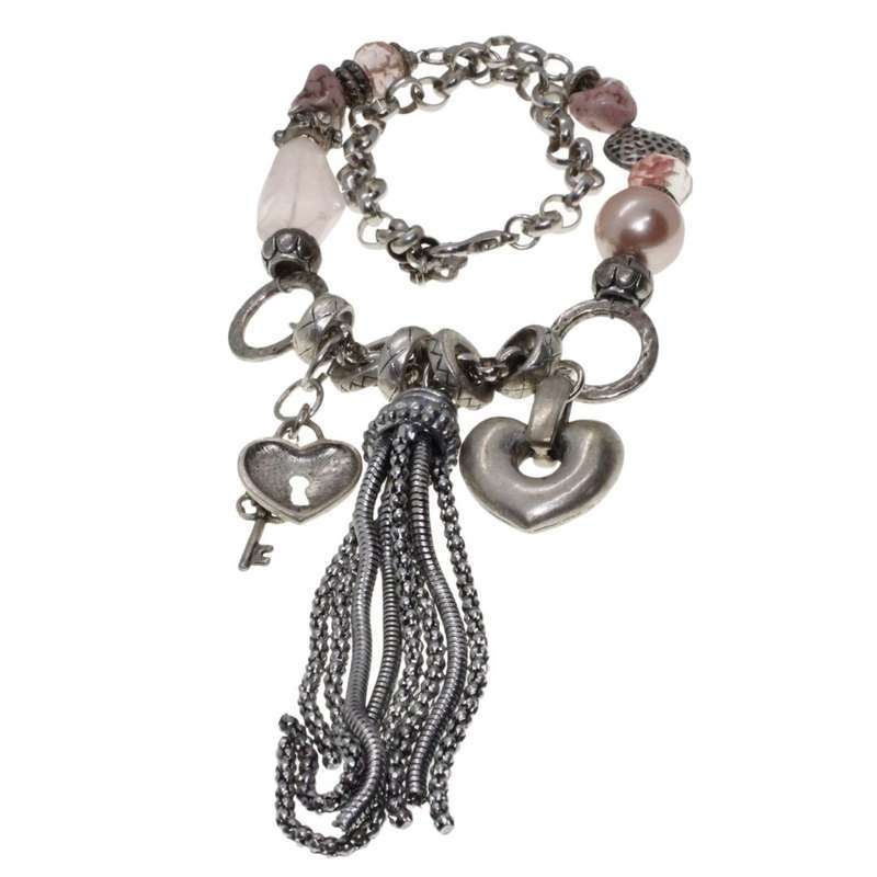 Necklace - Silver Tone Chunky Necklace. Assorted Beads, Crystals & Tassels Pendant - ML3362