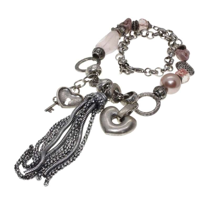 Necklace - Silver Tone Chunky Necklace. Assorted Beads, Crystals & Tassels Pendant - ML3362