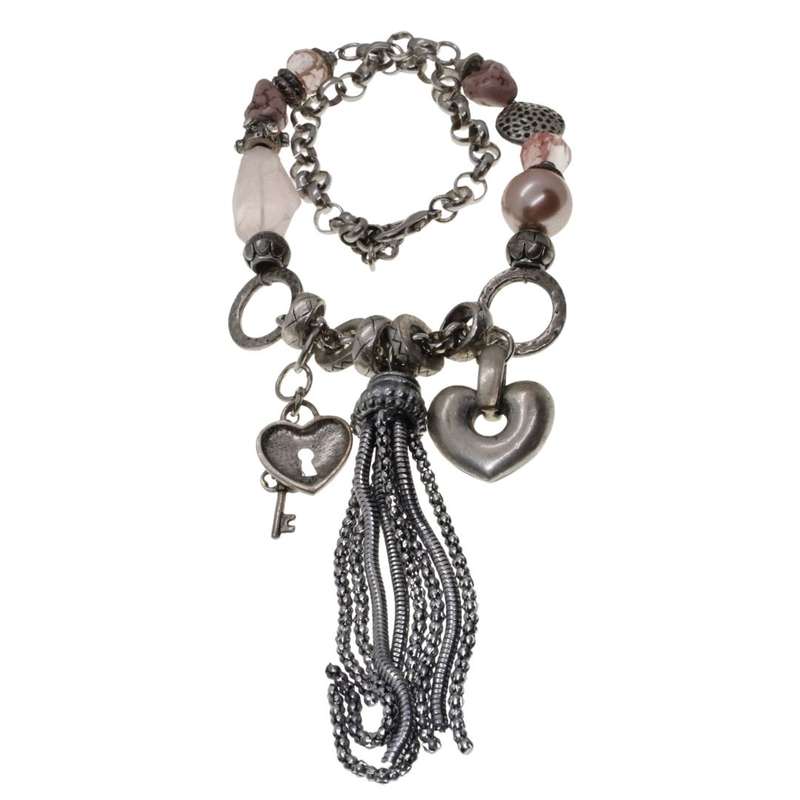 Necklace - Silver Tone Chunky Necklace. Assorted Beads, Crystals & Tassels Pendant - ML3362