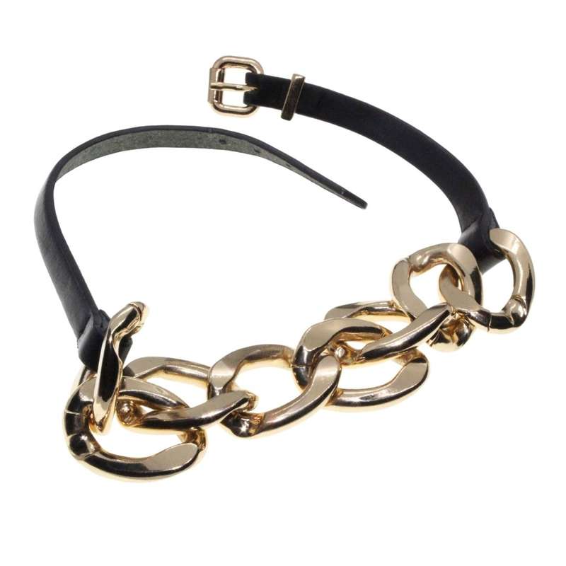 Necklace - Gold Tone Large Chunky Link Chain with Pleather Straps. Statement Jewellery - ML3370