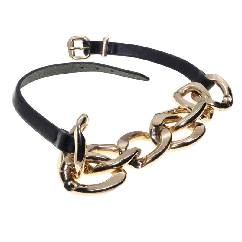 Necklace - Gold Tone Large Chunky Link Chain with Pleather Straps. Statement Jewellery - ML3370