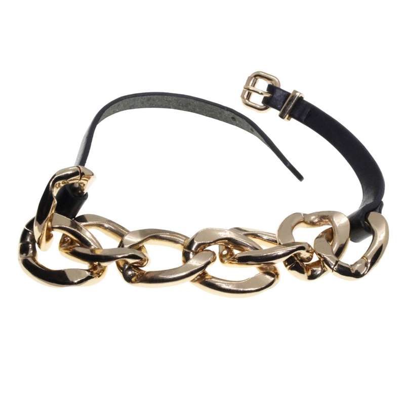 Necklace - Gold Tone Large Chunky Link Chain with Pleather Straps. Statement Jewellery - ML3370
