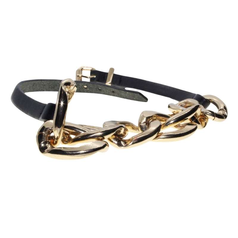 Necklace - Gold Tone Large Chunky Link Chain with Pleather Straps. Statement Jewellery - ML3370
