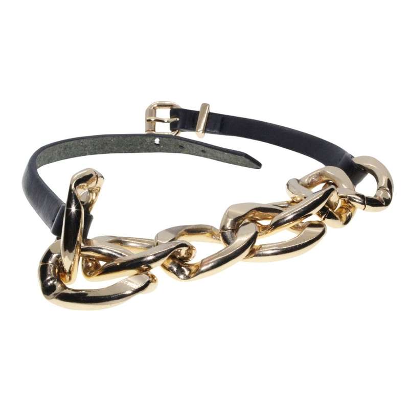 Necklace - Gold Tone Large Chunky Link Chain with Pleather Straps. Statement Jewellery - ML3370