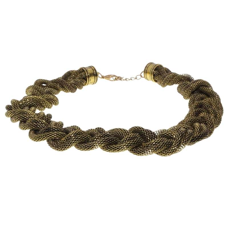 Necklace - Brass Tone Vintage Braided Chain Choker - ML3372