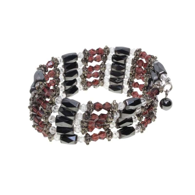 Bracelet  - Magnetic Chain With Purple & Clear Glass Beads and Silver Tone Tubing Inbetween - ML3373