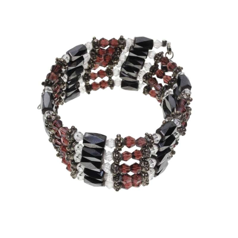 Bracelet  - Magnetic Chain With Purple & Clear Glass Beads and Silver Tone Tubing Inbetween - ML3373