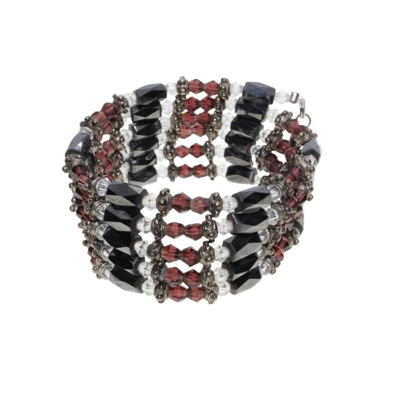 Bracelet  - Magnetic Chain With Purple & Clear Glass Beads and Silver Tone Tubing Inbetween - ML3373