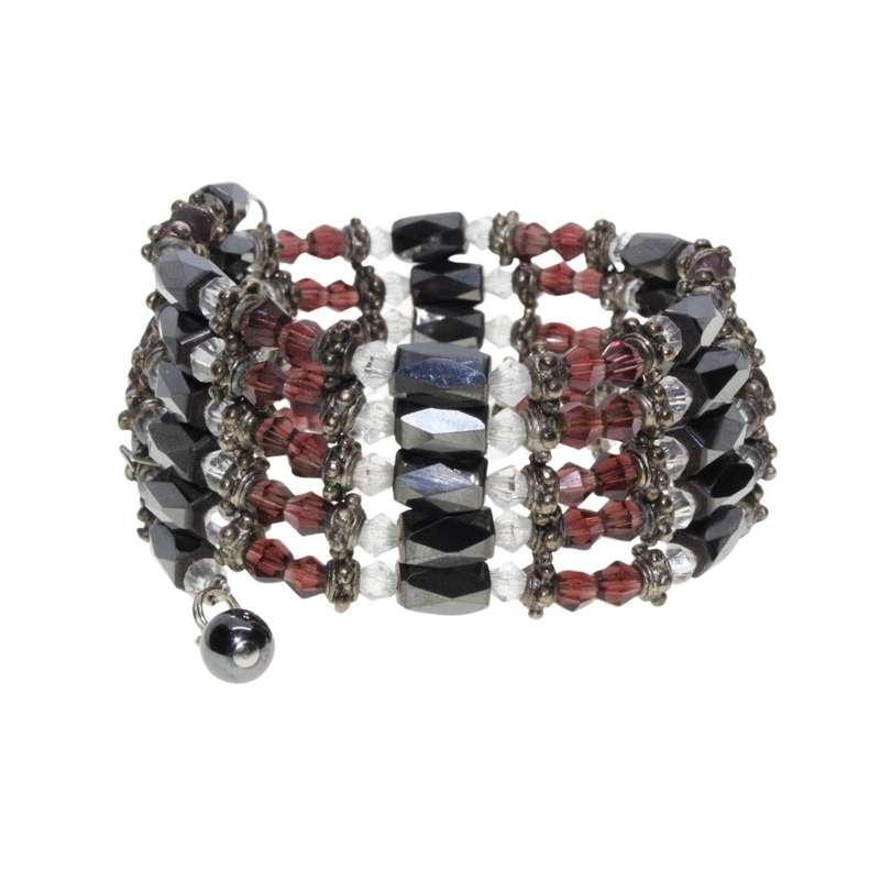 Bracelet  - Magnetic Chain With Purple & Clear Glass Beads and Silver Tone Tubing Inbetween - ML3373
