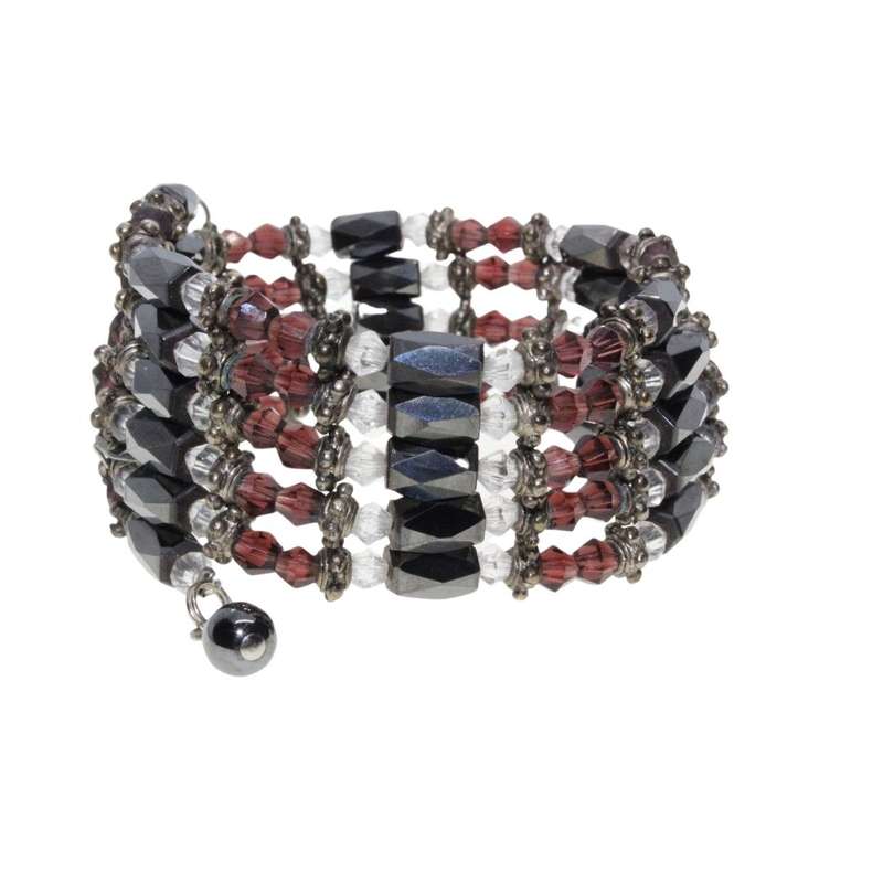 Bracelet  - Magnetic Chain With Purple & Clear Glass Beads and Silver Tone Tubing Inbetween - ML3373