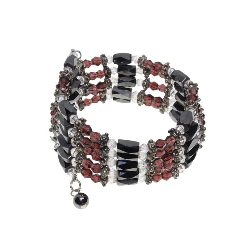 Bracelet  - Magnetic Chain With Purple & Clear Glass Beads and Silver Tone Tubing Inbetween - ML3373