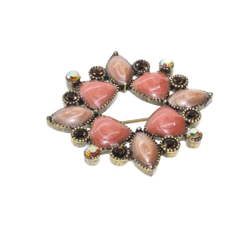 Brooch - Vintage Gold Tone Apricot/Pink Stones. Rhinestones - ML3376