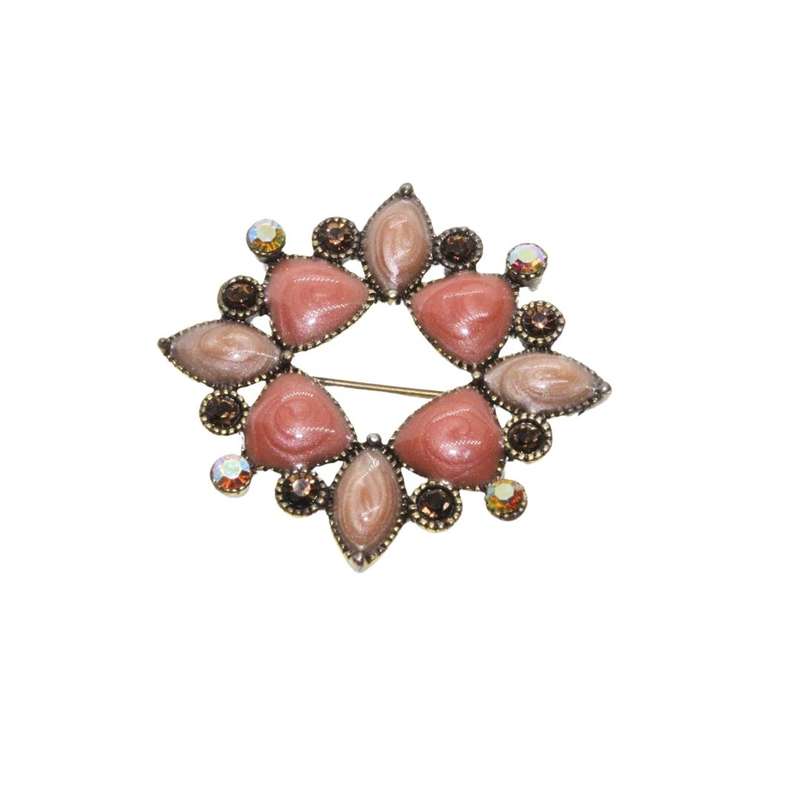 Brooch - Vintage Gold Tone Apricot/Pink Stones. Rhinestones - ML3376