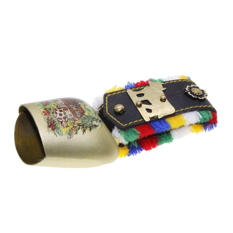 Bell - Vintage Gold Tone Cow Bell. Switzerland. Black Band, Coloured Tassles - ML3381