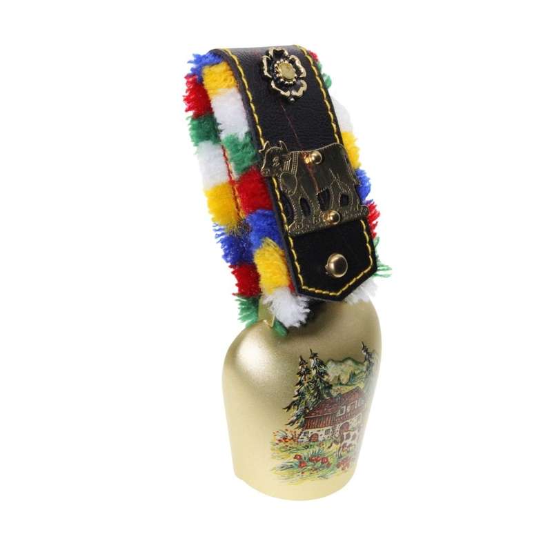 Bell - Vintage Gold Tone Cow Bell. Switzerland. Black Band, Coloured Tassles - ML3381