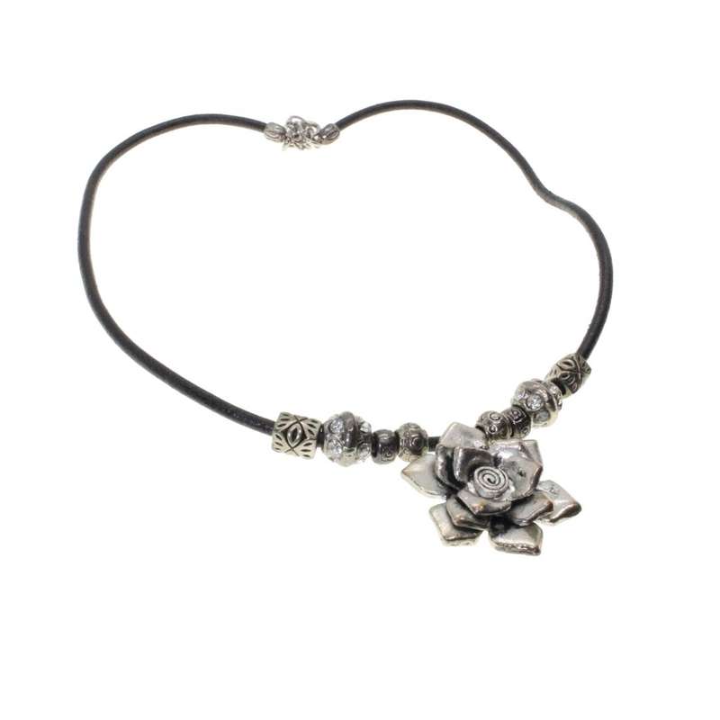Necklace - Vintage Black Thong Silver Tone Flower Pendant - ML3382