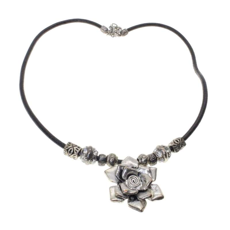 Necklace - Vintage Black Thong Silver Tone Flower Pendant - ML3382