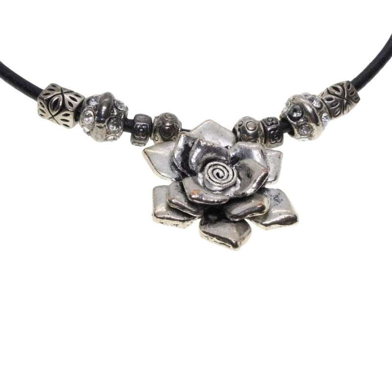 Necklace - Vintage Black Thong Silver Tone Flower Pendant - ML3382
