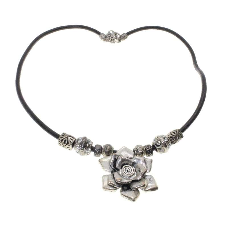 Necklace - Vintage Black Thong Silver Tone Flower Pendant - ML3382