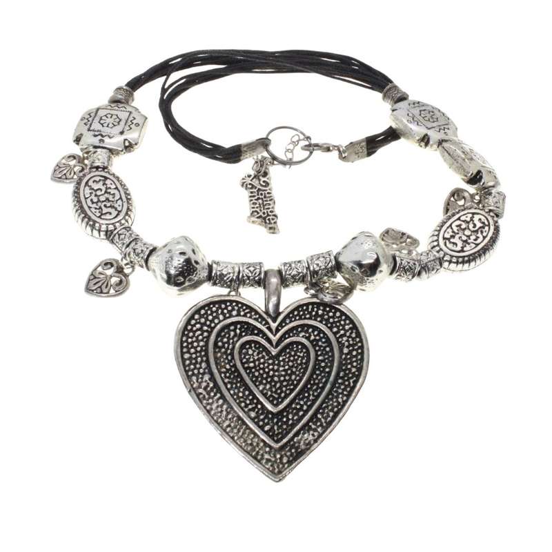 Necklace - Vintage Silver Tone. 7 Strand Black Thong. Silver Tone Beads. Large Heart Pendant - ML...